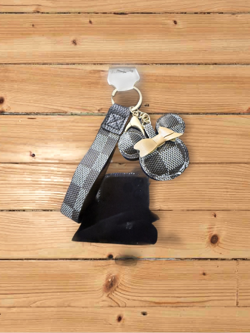 Checkered Wristlet Keychain with Bow Accent - blue & black